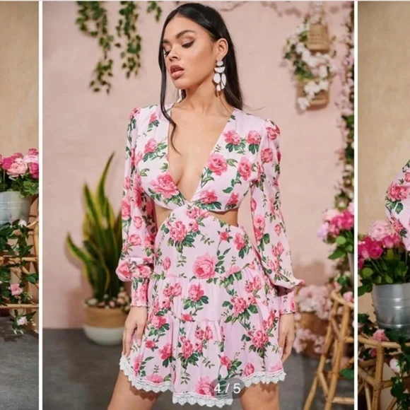 Barbie Pink Rose Floral LoveShackFancy style Mini Cut Out Flowy Summer Dress XS - Picture 8 of 13